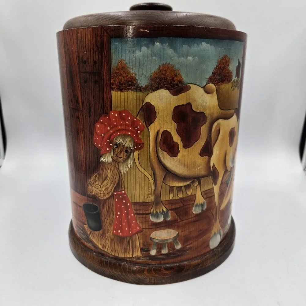 Vintage Mel's Wood Specialties Bucket Hand Painted Milk Cow Cottagecore Country‎